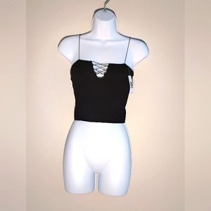 Buckle Ribbed Crop Top with Spaghetti Straps.